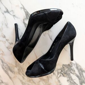 Stuart Weitzman Black Suede Peep Toe Heels